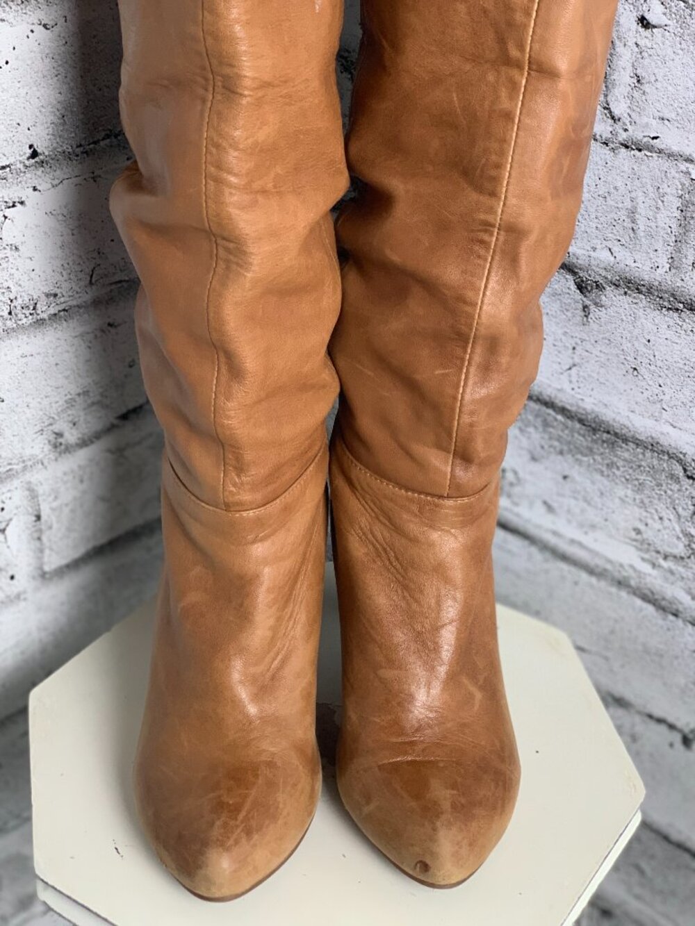 Miz Mooz Boots 8 Cognac Distressed Leather Tall Riding Knee High Heel Zip Boho - Picture 4 of 13